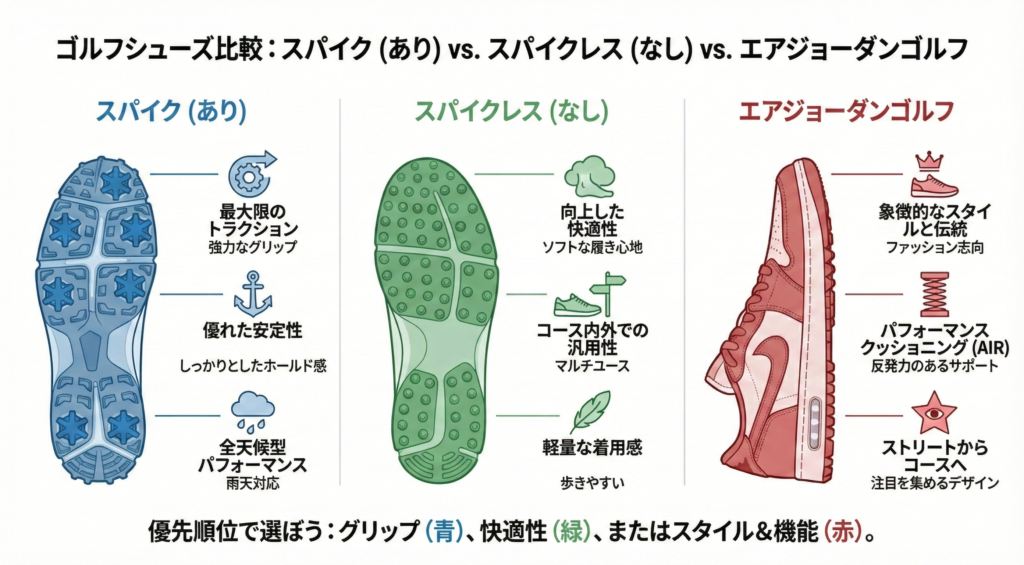 スパイク、スパイクレス、そしてエアジョーダンゴルフシューズの特徴を比較した分かりやすいインフォグラフィック。