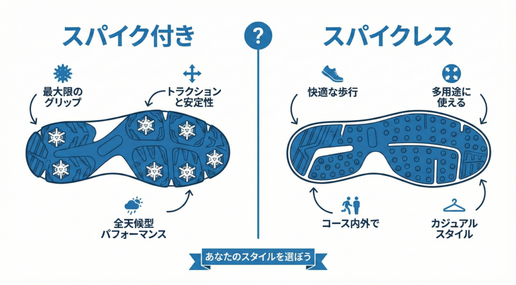 スパイクシューズとスパイクレスシューズの特徴を比較した分かりやすいインフォグラフィック。