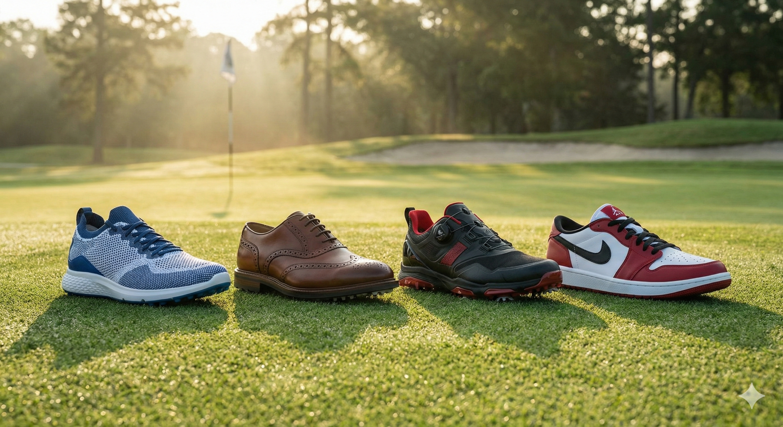 鮮やかな緑のゴルフコース上に並べられた、アディダス、エコー、フットジョイ、そしてナイキ エアジョーダン 1 Lowのゴルフシューズの高品質な写真。