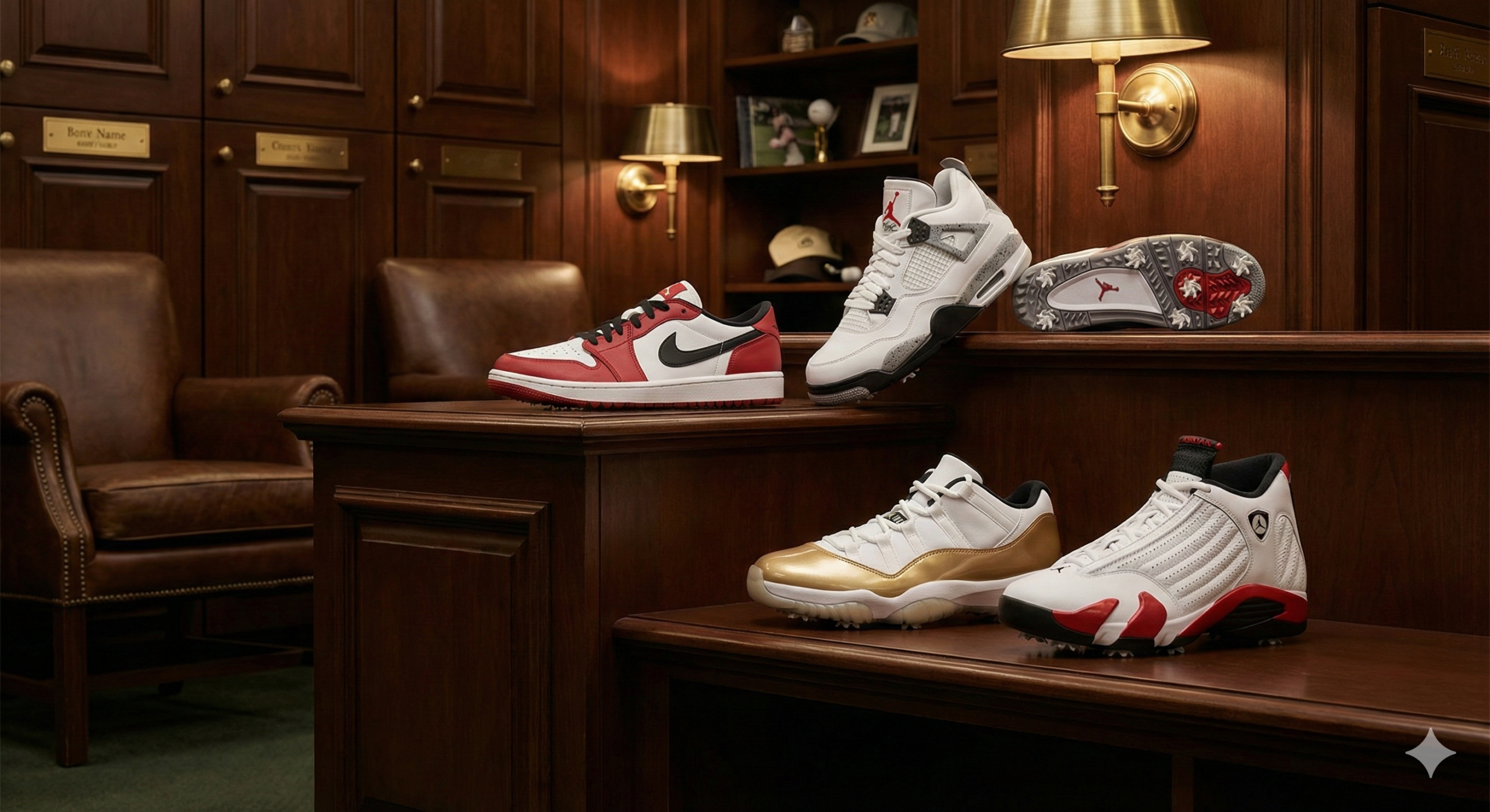 クラシックな高級ゴルフ場のロッカーに並べられた、エアジョーダン1、4、11、14のゴルフシューズ。