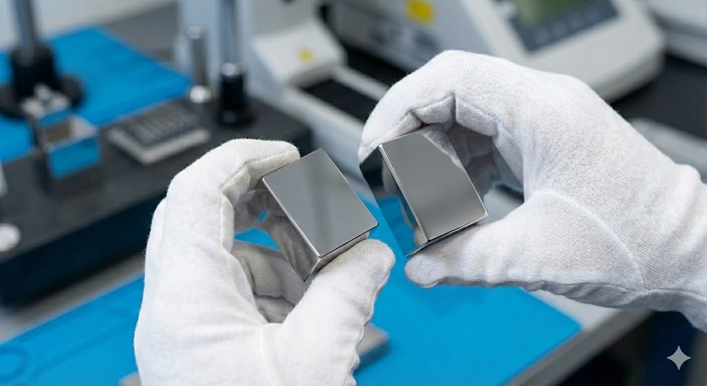 ブロックゲージがリンギングによって磁石のように吸い付いて持ち上がっている様子