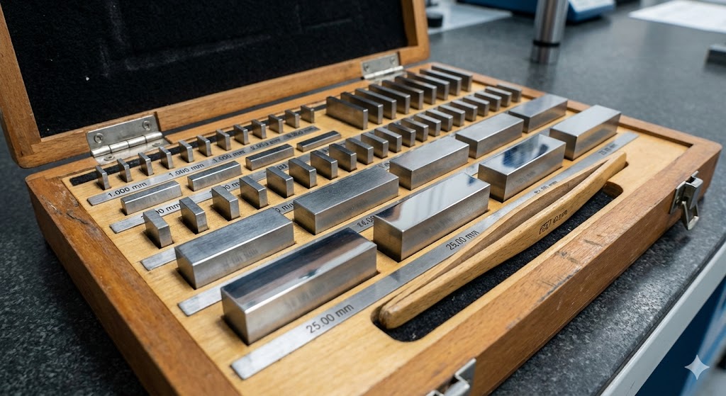 測定の基準となる精密なブロックゲージのセット