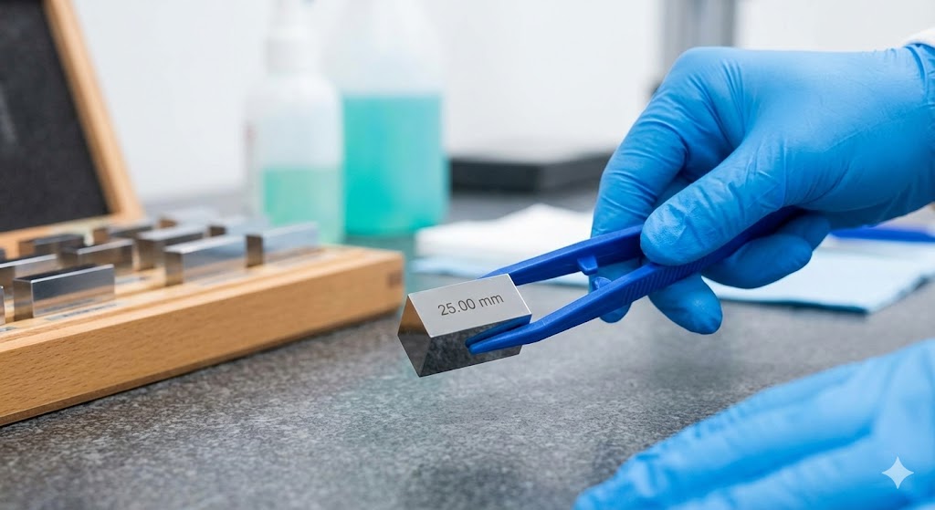 手袋をして慎重にブロックゲージを取り扱っている様子（素手厳禁）