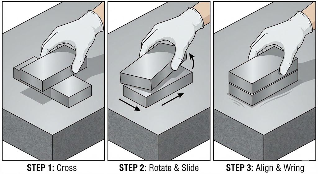 ブロックゲージを十字に重ねて回転させリンギング（密着）させる手順の図解イラスト