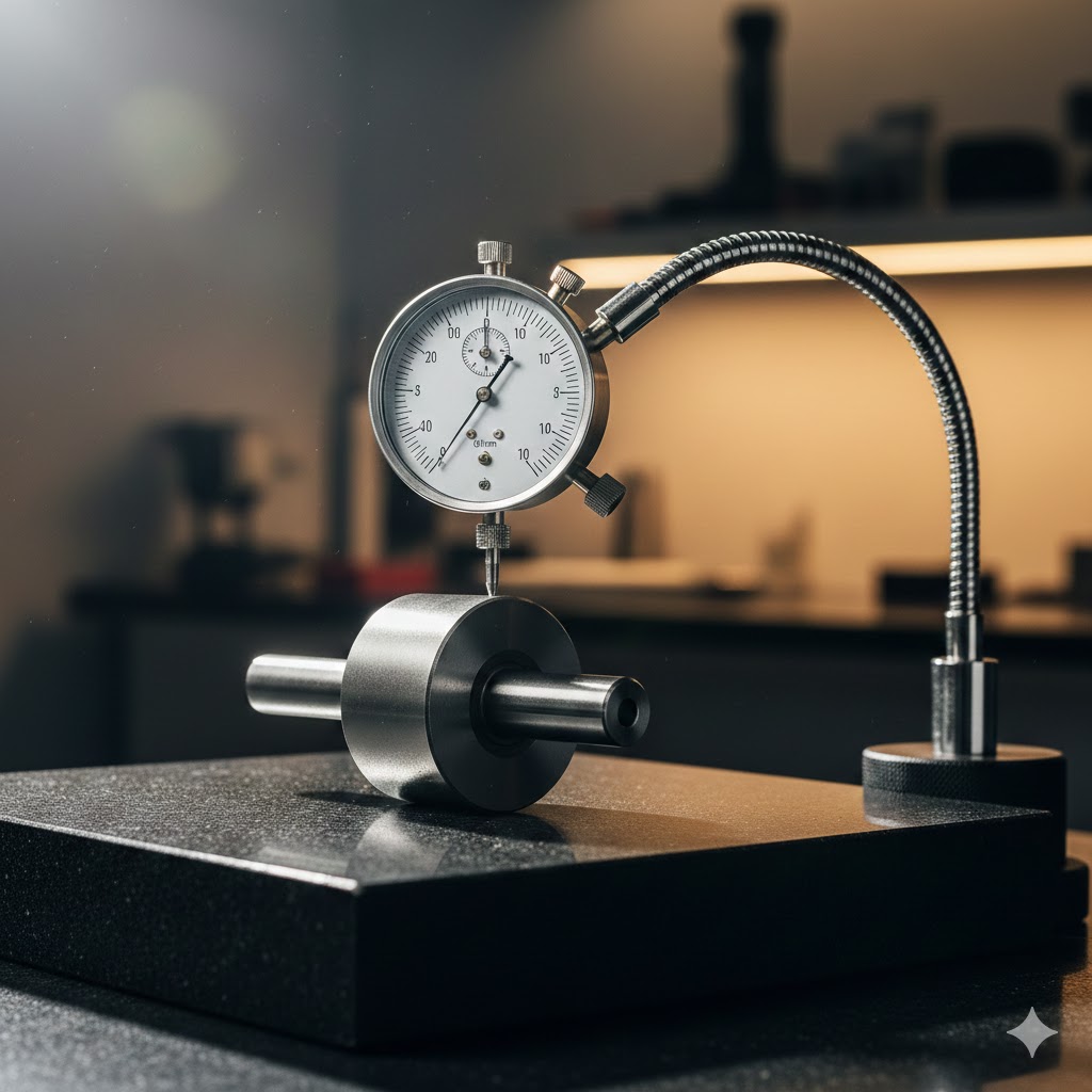 金属部品の精度を測定しているマグネットスタンド付きのダイヤルゲージ