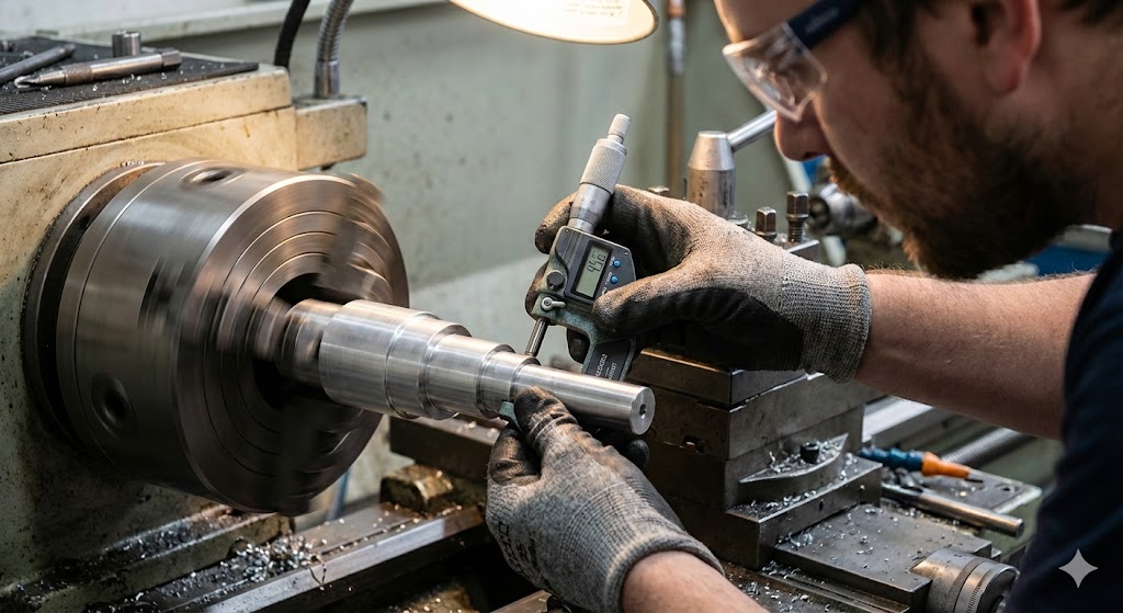旋盤に固定された段付きのアルミシャフトを、作業者がデジタルマイクロメータで精密に測定している様子。工場内での機械加工の風景。