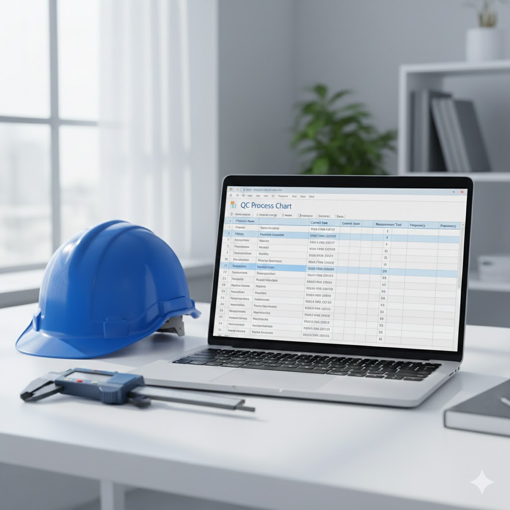パソコン画面に表示されたQC工程表と、傍らに置かれたノギスやヘルメットのイメージ。