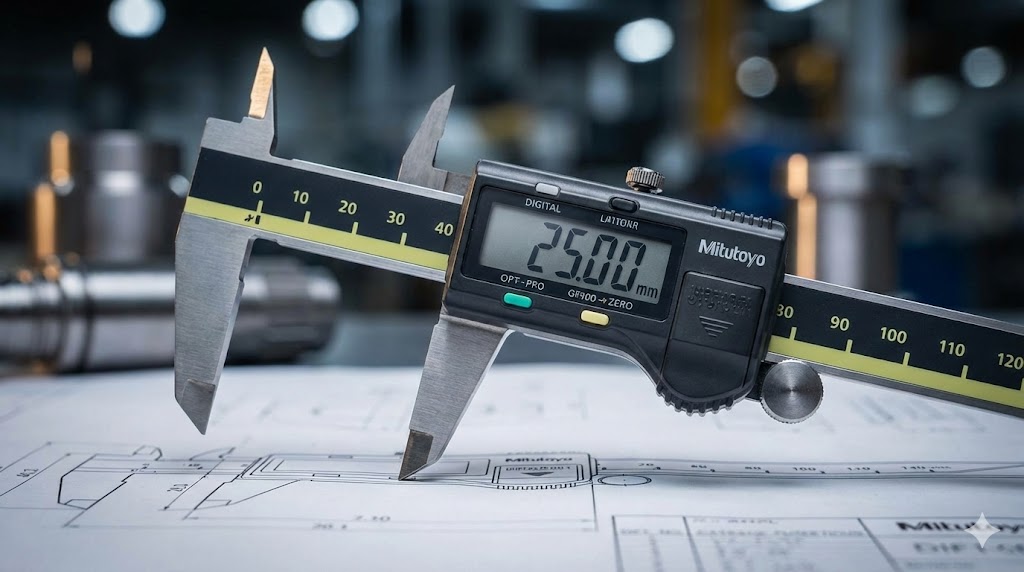 設計図の上に置かれた精密なデジタルノギスの写真