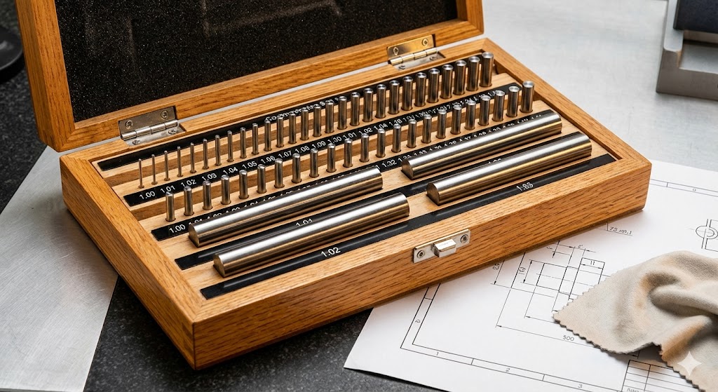 木箱に整然と並んだ精密測定用のピンゲージセット