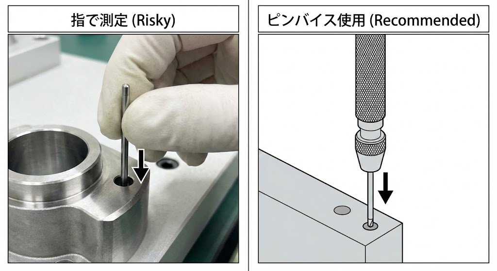 ピンゲージをワークの穴に垂直に挿入して径を測定している様子