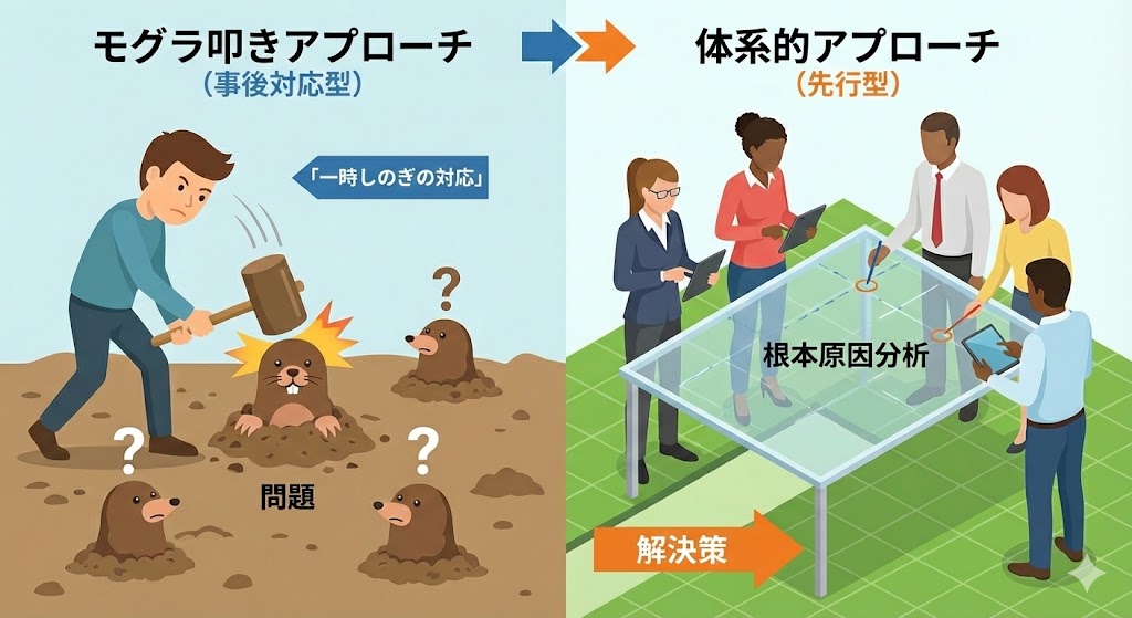 「モグラ叩きのような再発防止（単発の対策）」と「全体を網羅した本質的な改善（仕組みの対策）」を対比したインフォグラフィック。