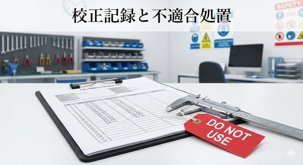 実測値が記入された成績書と、赤い「使用禁止」タグが添えられた測定器の画像。中央に「校正記録と不適合処置」の文字。