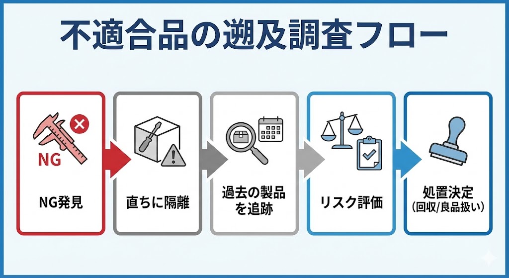 遡及調査の流れ（NG発見、直ちに隔離、過去の製品を追跡、リスク評価）を示すフローチャート図。
