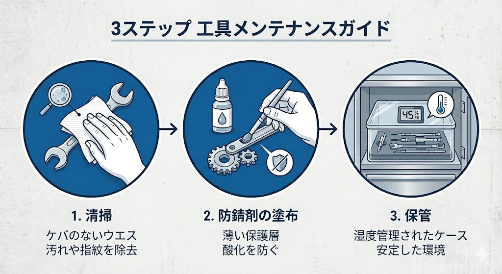 ゲージ管理の3ステップ（清掃、防錆油の塗布、保管）を説明するアイコン付きのインフォグラフィック。