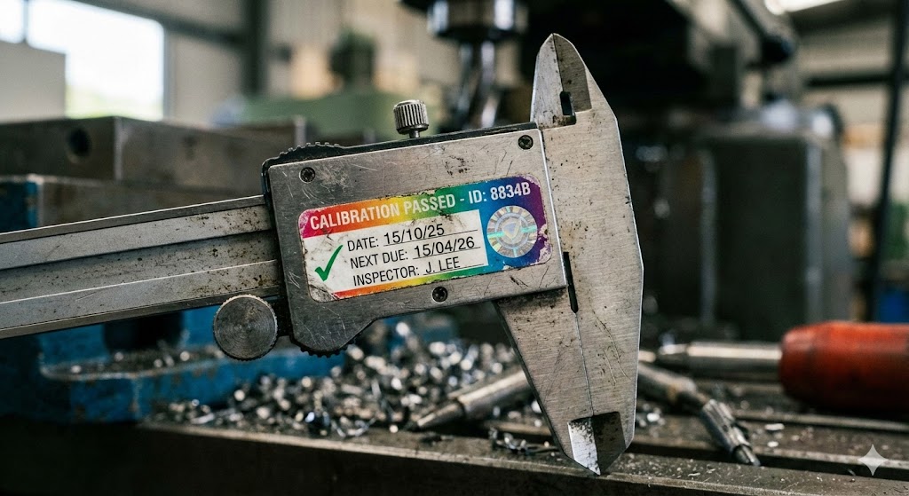 デジタルノギスの裏面に貼られた「校正済」「次回点検日」などが書かれた管理ステッカーのアップ画像。