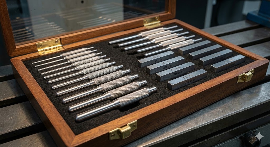 専用ケースに整然と並べられた、光沢のある精密なピンゲージとブロックゲージのクローズアップ写真。