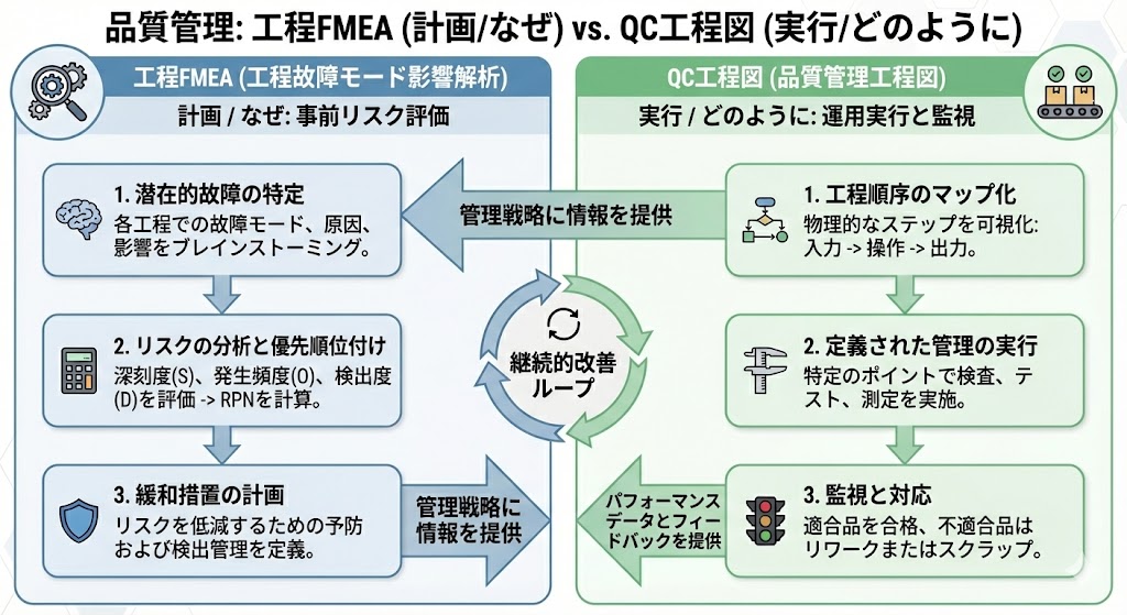 工程FMEA（予測）とQC工程表（管理）の役割の違いを示す図解