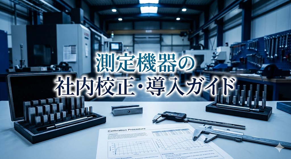 測定器と手順書が並んだプロフェッショナルなデスク画像。中央に「測定機器の社内校正・導入ガイド」の文字。