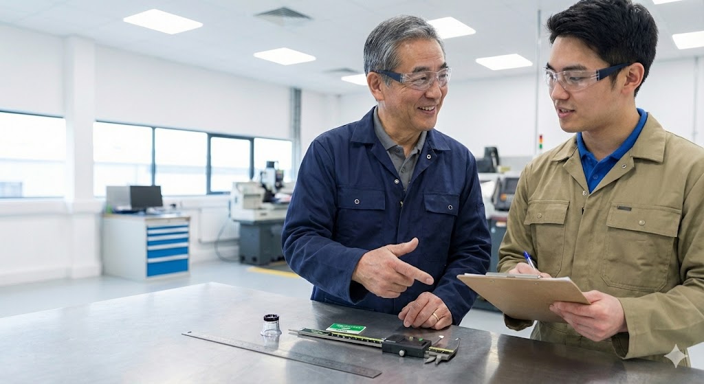 工場の作業台で、上司と新入社員が測定工具（管理シールが貼られたノギス、直尺、ルーペ）を前に相談している様子。