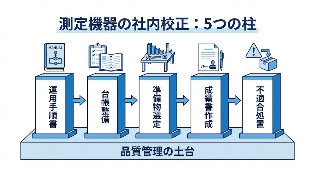 社内校正を支える5つの柱(運用手順書、台帳整備、準備物選定、成績書作成、不適合処置)を示したインフォグラフィック。