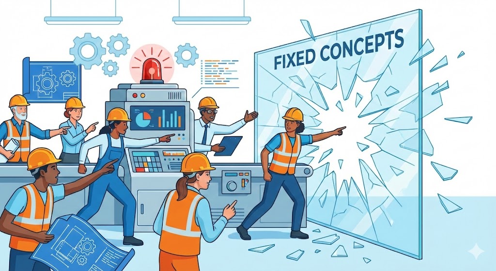 現場の作業員全員が集まり、不具合に対して即座に議論している様子。固定概念という壁を打ち破り、本質的な原因を突き止めるイメージ。