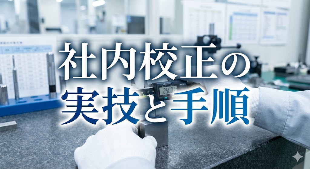 定盤の上に置かれたマイクロメータとブロックゲージの高画質なアップ画像。中央に「社内校正の実技・共通ルール」の文字。