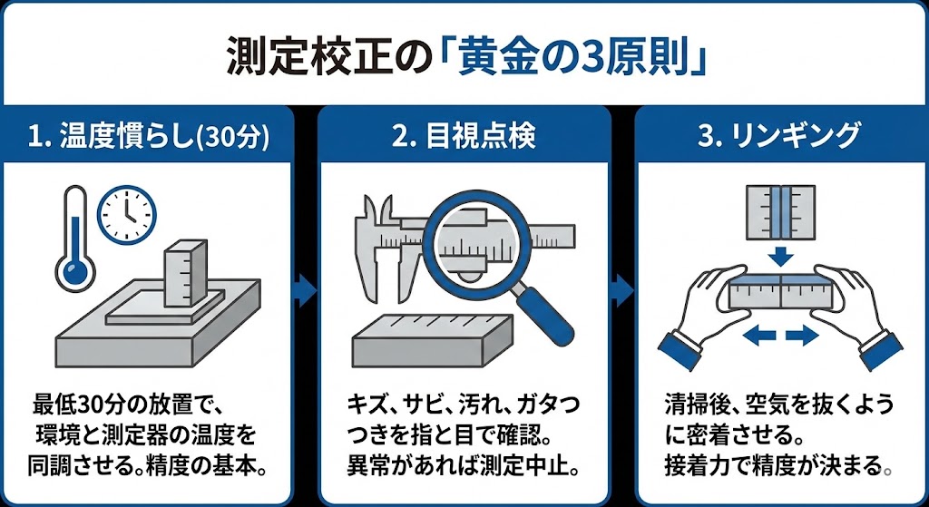 校正点検の3つの黄金ルール（温度慣らし30分、目視点検、リンギング）を示すインフォグラフィック図。