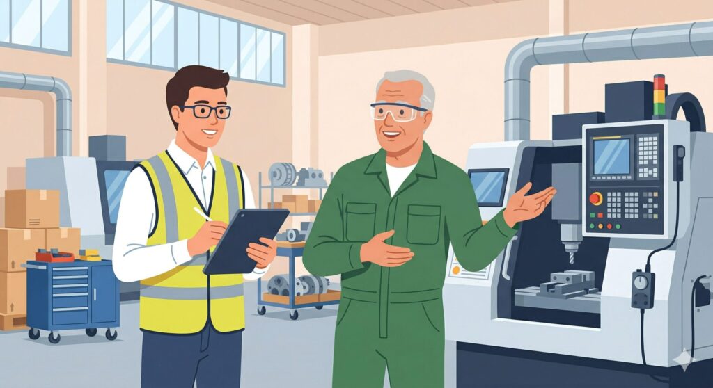 現場の設備の前で、若手エンジニアが時系列に沿ってベテラン作業員にヒアリングをしている様子