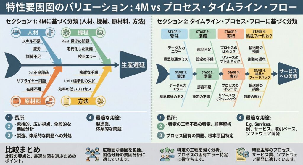 特性要因図の2つのアプローチ（4M要因分類型と時系列の工程分類型）の違い