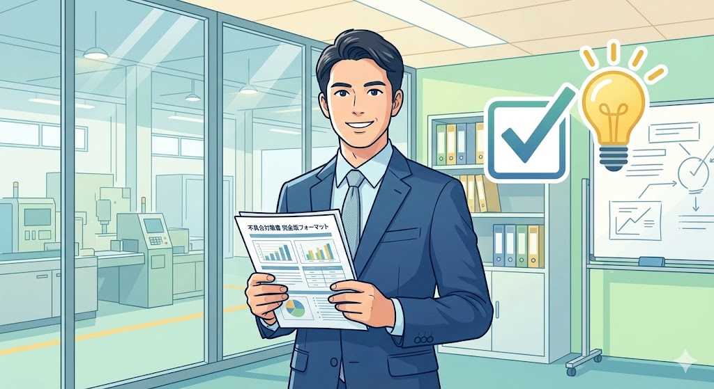 わかりやすい不具合対策書を完成させ、自信に満ちた表情の品質管理担当者のイラスト。