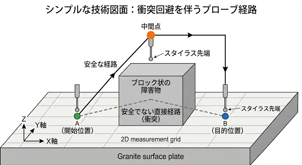 自動三次元測定機の使い方：障害物を避けてスタイラスを動かす中間点の設定とプログラムの作り方