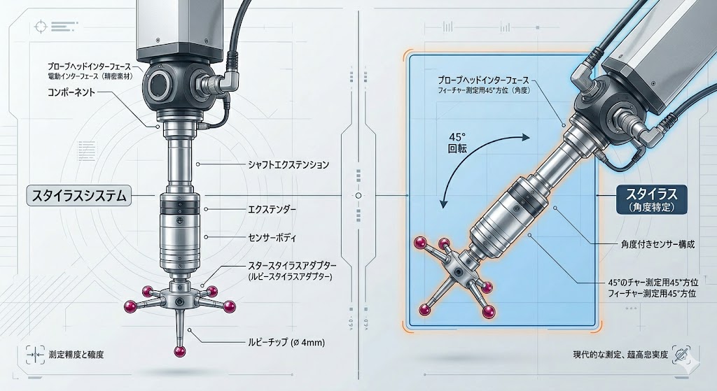 物理的な構成である「スタイラスシステム」と、角度指定された状態である「スタイラス」の違いを図解したもの
