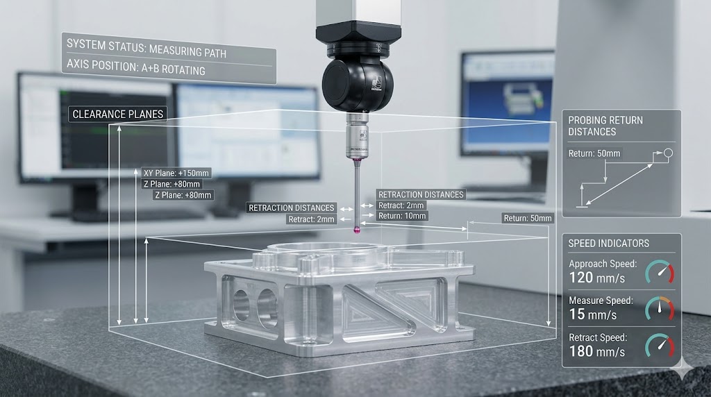 退避面、退避距離（入口/出口）、プロービング戻り距離における機械の停止・減速の動きを図解したもの