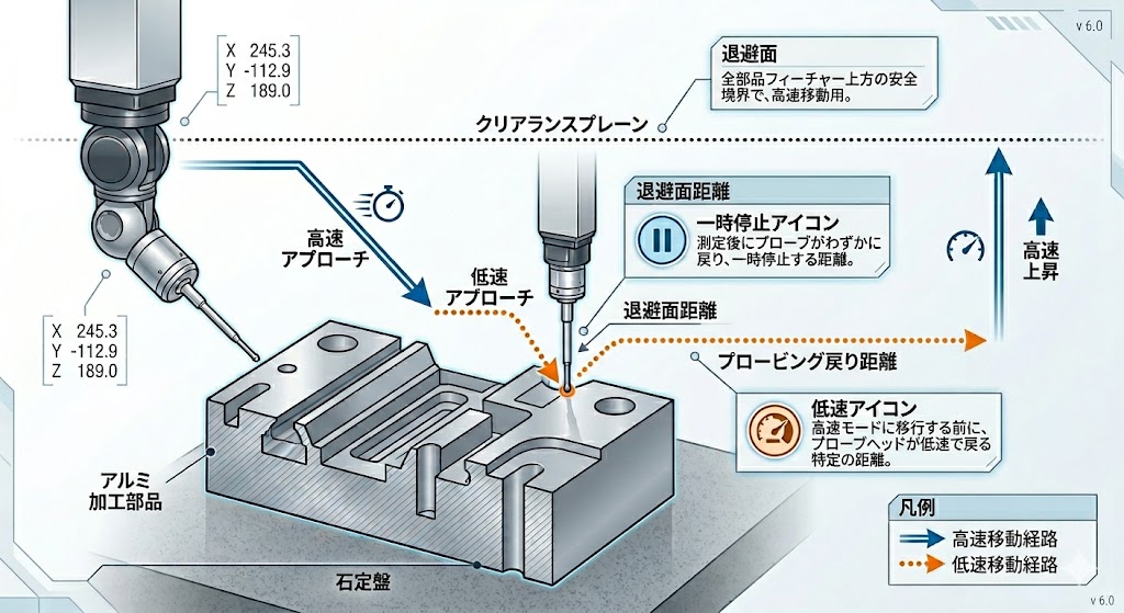 退避面、退避距離（入口/出口）、プロービング戻り距離における機械の停止・減速の動きを図解したもの