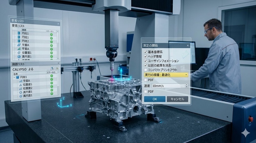 東京精密の自動三次元測定機と、画面に表示された「測定の開始」ウィンドウのイメージ