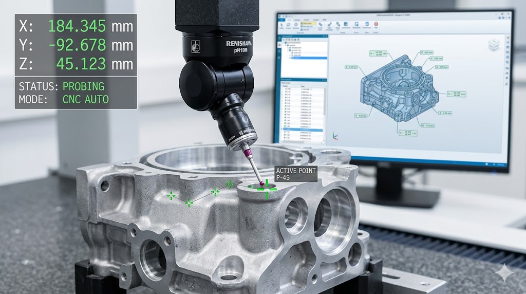 自動三次元測定機で製品をプロービングしている様子と、座標・測定ポイントの微調整イメージ